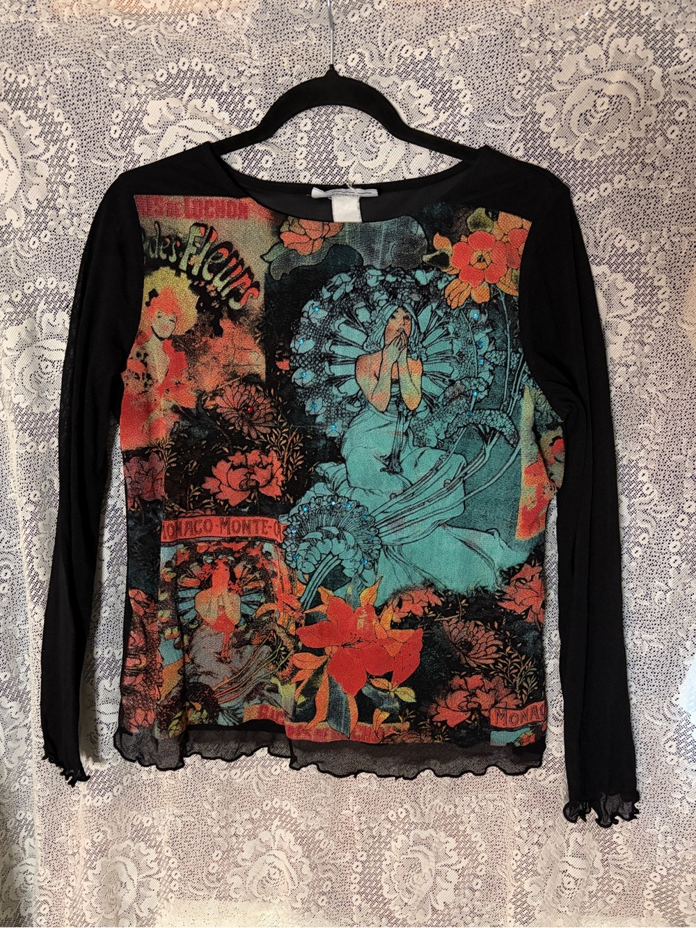 Y2K graphic micro mesh long sleeve top